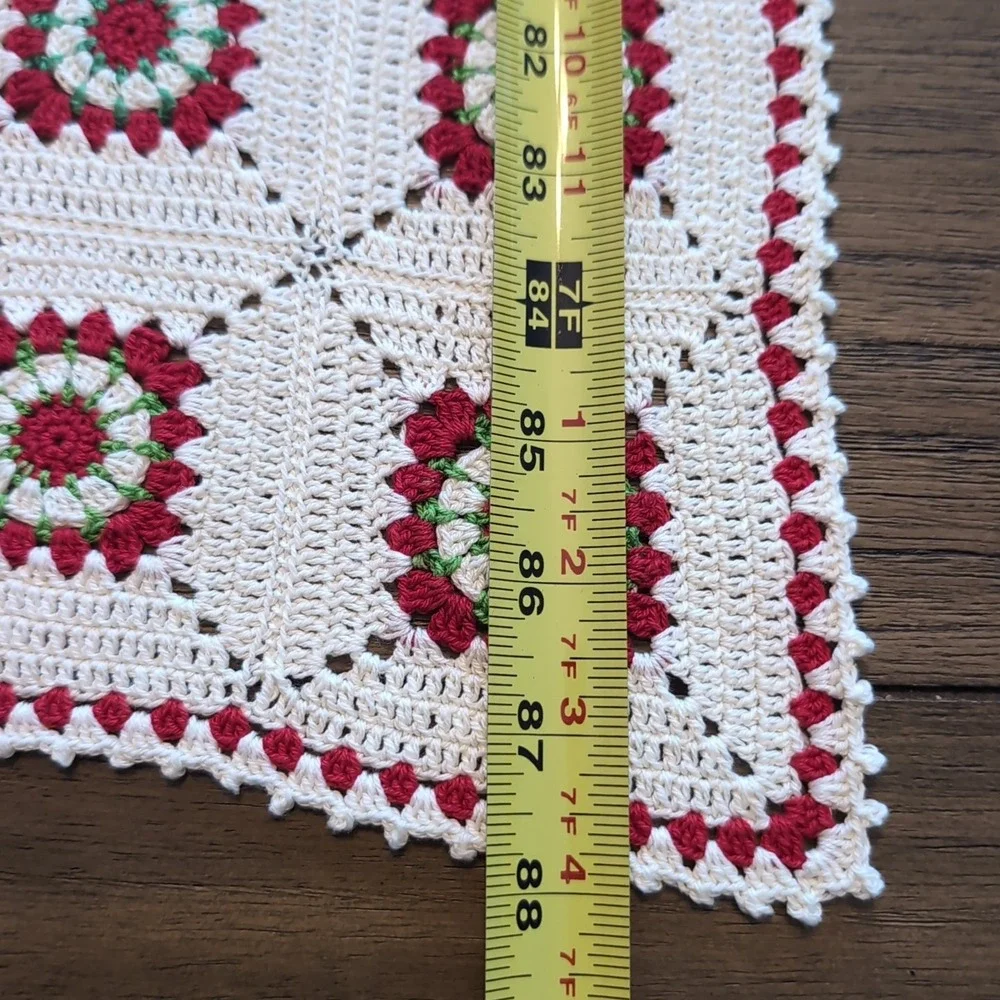 Handmade Crochet Table Runner 2pc Granny Square Cream Red Green 88X32 70X17